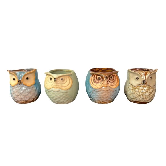 Ceramic Owl Pots Succulent Plant Container Mini Planter Glazed Set of 4 - Picture 1 of 14